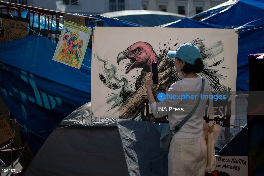 MADRID, SPAIN, OCTOBER 15, 2026: A view of the housing rights protest encampment at Puerta del Sol in central Madrid. Demonstrators maintain the camp to demand affordable housing and measures to address the housing crisis. Photo by C. Carvajal / JNA Press. (Photo by C. Carvajal/JNA Press via Nexpher Images)