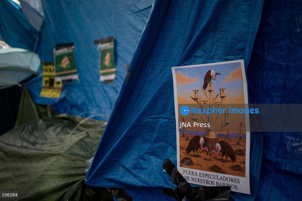 MADRID, SPAIN, OCTOBER 15, 2026: A view of the housing rights protest encampment at Puerta del Sol in central Madrid. Demonstrators maintain the camp to demand affordable housing and measures to address the housing crisis. Photo by C. Carvajal / JNA Press. (Photo by C. Carvajal/JNA Press via Nexpher Images)
