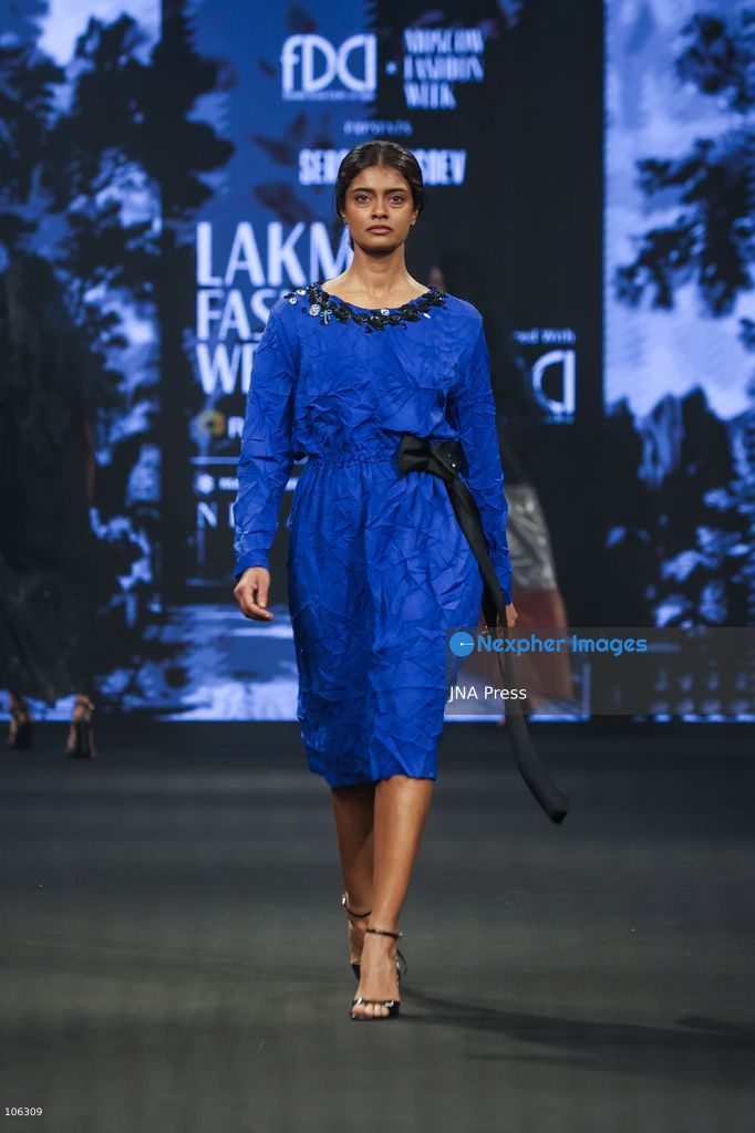 NEW DELHI, INDIA, OCTOBER 15, 2026: A model showcases a creation by Russian designer Sergey Sysoev during the FDCI x Moscow Fashion Week presentation at Lakme Fashion Week in New Delhi. Photo by Vishal Kapoor / JNA Press (Photo by Vishal Kapoor/JNA Press via Nexpher Images)