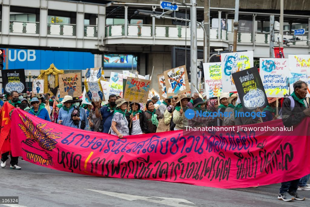 Bangkok, Thailand, October 16, 2026 — Members of the Assembly of the Poor staged a demonstration in Bangkok opposing the World Bank and the International Monetary Fund (IMF), calling for economic justice and food sovereignty. The protest took place during the World Bank–IMF meetings hosted by Thailand at the Queen Sirikit National Convention Center. The demonstration was held under the campaign “International Action for Food Sovereignty,” highlighting concerns over economic policies and the rights of local communities to determine their own food systems. (Photo by Thanatchanont Jiraworathanakul/Nexpher Images)