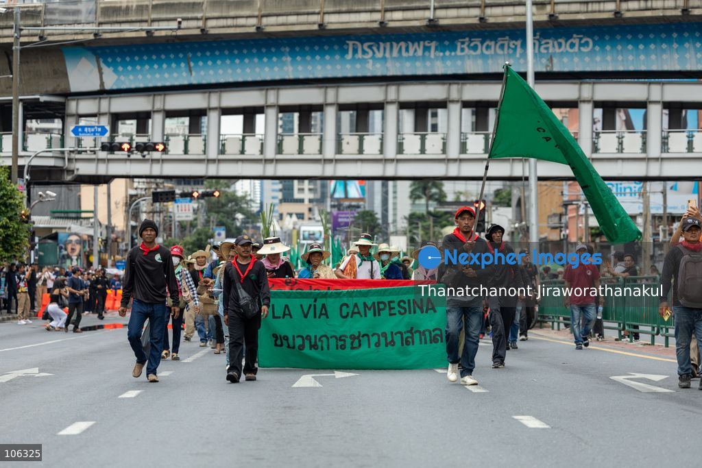 Bangkok, Thailand, October 16, 2026 — Members of the Assembly of the Poor staged a demonstration in Bangkok opposing the World Bank and the International Monetary Fund (IMF), calling for economic justice and food sovereignty. The protest took place during the World Bank–IMF meetings hosted by Thailand at the Queen Sirikit National Convention Center. The demonstration was held under the campaign “International Action for Food Sovereignty,” highlighting concerns over economic policies and the rights of local communities to determine their own food systems. (Photo by Thanatchanont Jiraworathanakul/Nexpher Images)