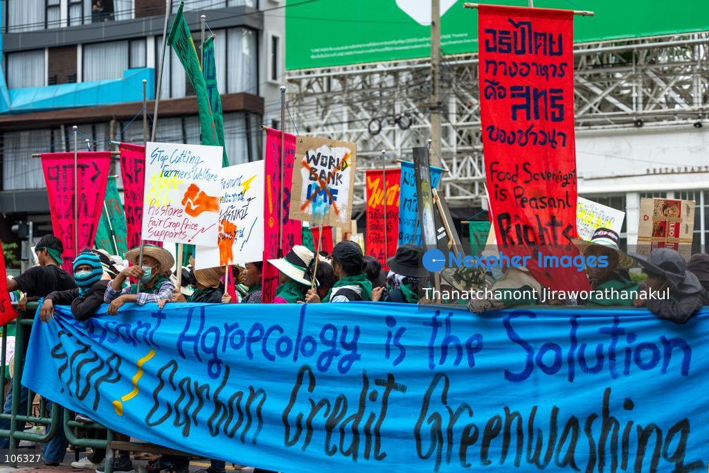 Bangkok, Thailand, October 16, 2026 — Members of the Assembly of the Poor staged a demonstration in Bangkok opposing the World Bank and the International Monetary Fund (IMF), calling for economic justice and food sovereignty. The protest took place during the World Bank–IMF meetings hosted by Thailand at the Queen Sirikit National Convention Center. The demonstration was held under the campaign “International Action for Food Sovereignty,” highlighting concerns over economic policies and the rights of local communities to determine their own food systems. (Photo by Thanatchanont Jiraworathanakul/Nexpher Images)