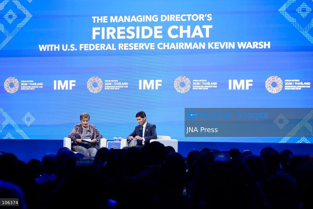 BANGKOK, THAILAND, OCTOBER 16, 2026: U.S. Federal Reserve Chair Kevin Warsh speaks during a fireside chat with International Monetary Fund (IMF) Managing Director Kristalina Georgieva at the Queen Sirikit National Convention Center (QSNCC) in Bangkok during the 2026 Annual Meetings of the IMF and the World Bank Group. The discussion focuses on the forces reshaping the global economy. Photo by Watsawat Koktabtim / JNA Press (Photo by Watsawat "James" Koktabtim/JNA Press via Nexpher Images)