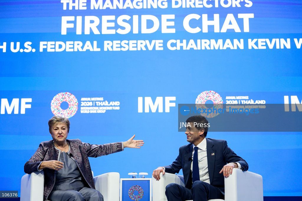 BANGKOK, THAILAND, OCTOBER 16, 2026: U.S. Federal Reserve Chair Kevin Warsh speaks during a fireside chat with International Monetary Fund (IMF) Managing Director Kristalina Georgieva at the Queen Sirikit National Convention Center (QSNCC) in Bangkok during the 2026 Annual Meetings of the IMF and the World Bank Group. The discussion focuses on the forces reshaping the global economy. Photo by Watsawat Koktabtim / JNA Press (Photo by Watsawat "James" Koktabtim/JNA Press via Nexpher Images)