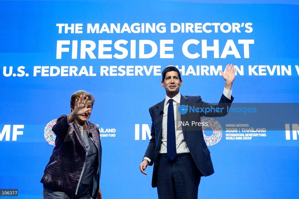 BANGKOK, THAILAND, OCTOBER 16, 2026: U.S. Federal Reserve Chair Kevin Warsh speaks during a fireside chat with International Monetary Fund (IMF) Managing Director Kristalina Georgieva at the Queen Sirikit National Convention Center (QSNCC) in Bangkok during the 2026 Annual Meetings of the IMF and the World Bank Group. The discussion focuses on the forces reshaping the global economy. Photo by Watsawat Koktabtim / JNA Press (Photo by Watsawat "James" Koktabtim/JNA Press via Nexpher Images)