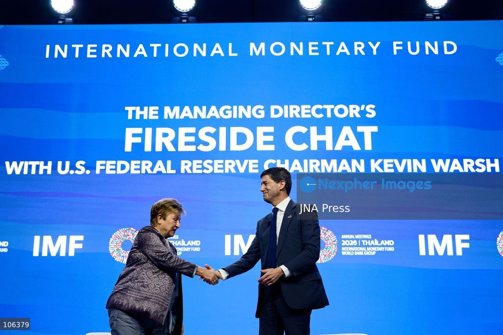 BANGKOK, THAILAND, OCTOBER 16, 2026: U.S. Federal Reserve Chair Kevin Warsh speaks during a fireside chat with International Monetary Fund (IMF) Managing Director Kristalina Georgieva at the Queen Sirikit National Convention Center (QSNCC) in Bangkok during the 2026 Annual Meetings of the IMF and the World Bank Group. The discussion focuses on the forces reshaping the global economy. Photo by Watsawat Koktabtim / JNA Press (Photo by Watsawat "James" Koktabtim/JNA Press via Nexpher Images)