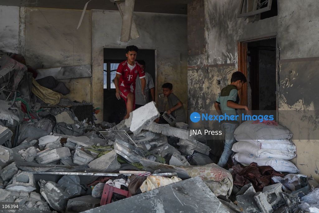 MAGHAZI REFUGEE CAMP, GAZA STRIP, PALESTINE, [MONTH DAY, YEAR]: Destruction following Israeli airstrikes that hit homes belonging to the Saada and Abu Muaileq families in Maghazi refugee camp in the central Gaza Strip. The strikes on October 15 destroyed both homes and caused extensive damage to surrounding residential buildings. Photo by Ramzi Abu AMER/ JNA Press. (Photo by Ramzi Abu Amer/JNA Press via Nexpher Images)
