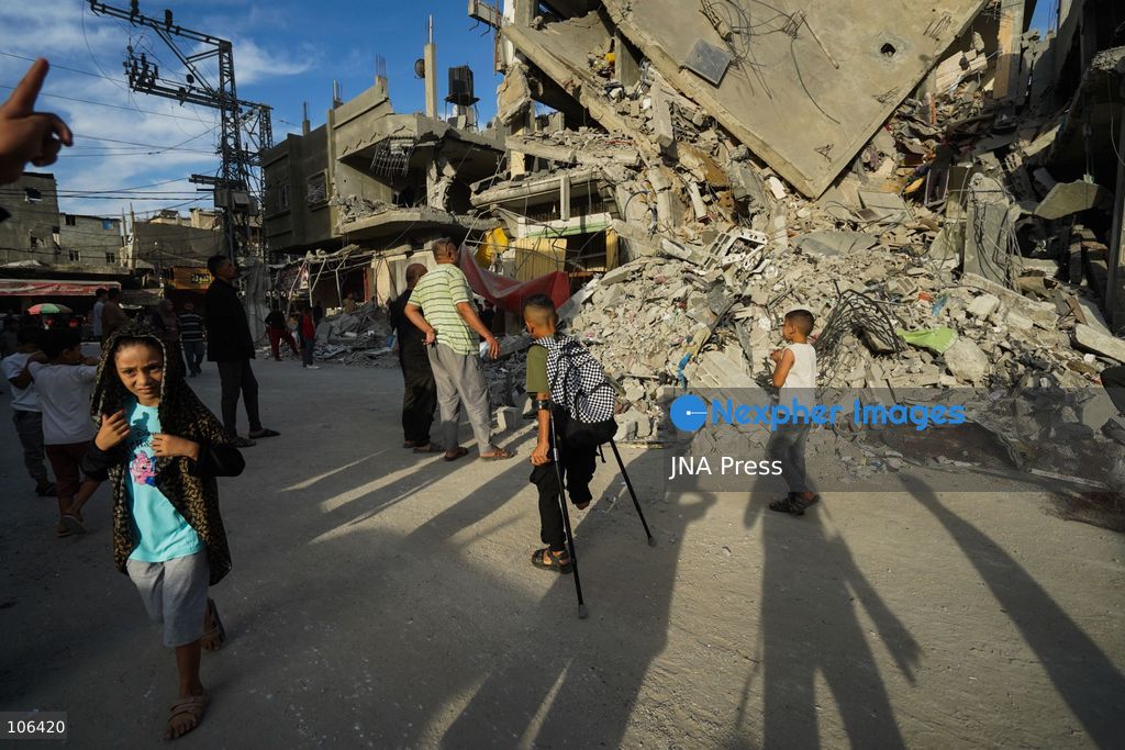 MAGHAZI REFUGEE CAMP, GAZA STRIP, PALESTINE, [MONTH DAY, YEAR]: Destruction following Israeli airstrikes that hit homes belonging to the Saada and Abu Muaileq families in Maghazi refugee camp in the central Gaza Strip. The strikes on October 15 destroyed both homes and caused extensive damage to surrounding residential buildings. Photo by Ramzi Abu AMER/ JNA Press. (Photo by Ramzi Abu Amer/JNA Press via Nexpher Images)