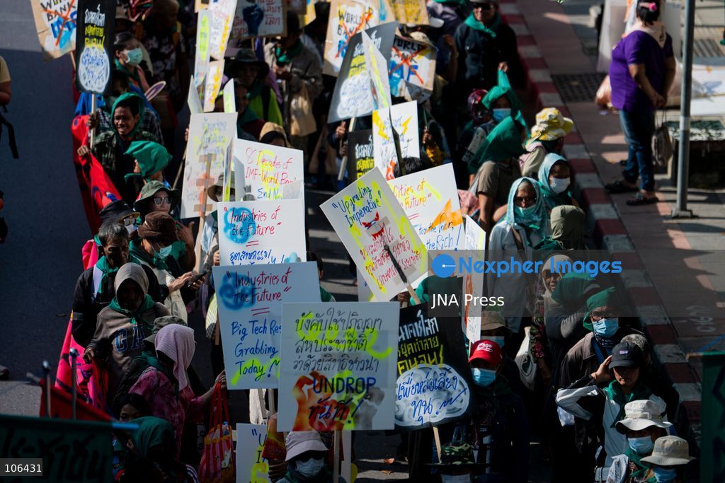 BANGKOK, THAILAND, OCTOBER 16, 2026: Members of Thailand’s Assembly of the Poor and allied community networks demonstrate during the annual meetings of the International Monetary Fund (IMF) and the World Bank Group. Protesters march towards the Queen Sirikit National Convention Center, calling for debt relief, greater public oversight of government borrowing and more public participation in economic policymaking. Photo by Captain Jirathummanuwat / JNA Press. (Photo by Captain Jirathummanuwat/JNA Press via Nexpher Images)