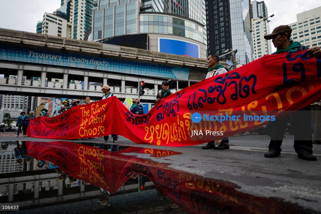 BANGKOK, THAILAND, OCTOBER 16, 2026: Members of Thailand’s Assembly of the Poor and allied community networks demonstrate during the annual meetings of the International Monetary Fund (IMF) and the World Bank Group. Protesters march towards the Queen Sirikit National Convention Center, calling for debt relief, greater public oversight of government borrowing and more public participation in economic policymaking. Photo by Captain Jirathummanuwat / JNA Press. (Photo by Captain Jirathummanuwat/JNA Press via Nexpher Images)