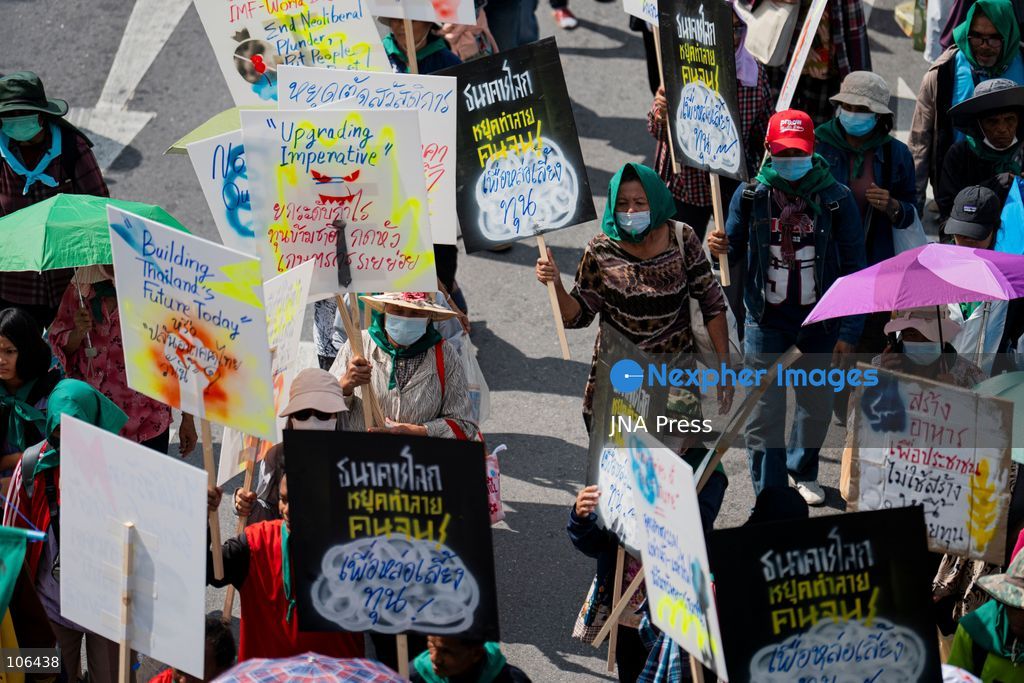 BANGKOK, THAILAND, OCTOBER 16, 2026: Members of Thailand’s Assembly of the Poor and allied community networks demonstrate during the annual meetings of the International Monetary Fund (IMF) and the World Bank Group. Protesters march towards the Queen Sirikit National Convention Center, calling for debt relief, greater public oversight of government borrowing and more public participation in economic policymaking. Photo by Captain Jirathummanuwat / JNA Press. (Photo by Captain Jirathummanuwat/JNA Press via Nexpher Images)