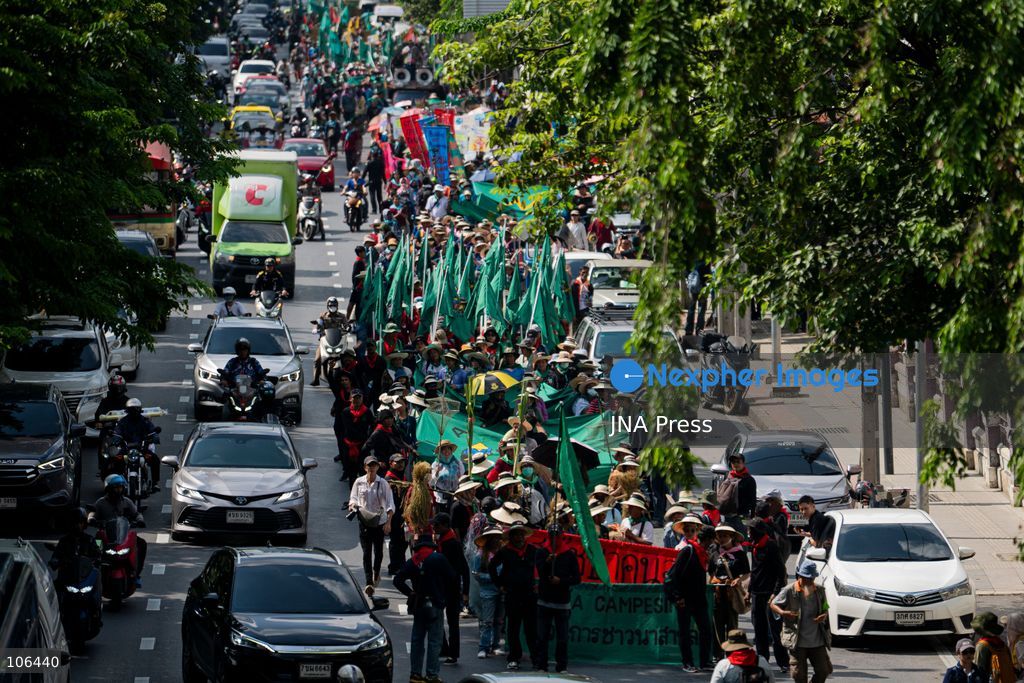 BANGKOK, THAILAND, OCTOBER 16, 2026: Members of Thailand’s Assembly of the Poor and allied community networks demonstrate during the annual meetings of the International Monetary Fund (IMF) and the World Bank Group. Protesters march towards the Queen Sirikit National Convention Center, calling for debt relief, greater public oversight of government borrowing and more public participation in economic policymaking. Photo by Captain Jirathummanuwat / JNA Press. (Photo by Captain Jirathummanuwat/JNA Press via Nexpher Images)