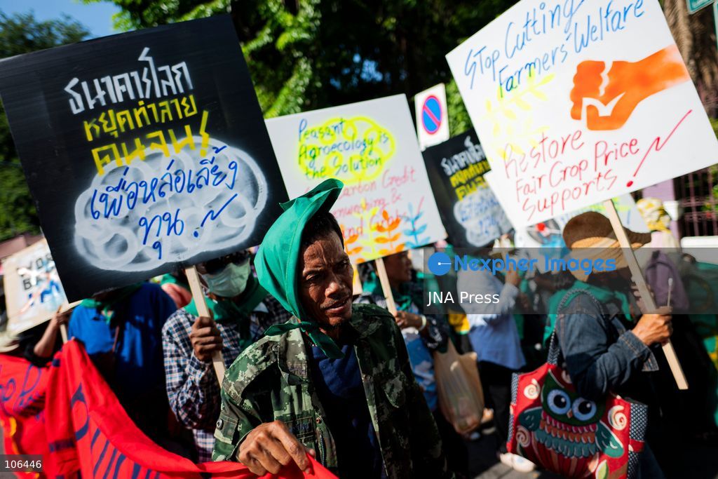 BANGKOK, THAILAND, OCTOBER 16, 2026: Members of Thailand’s Assembly of the Poor and allied community networks demonstrate during the annual meetings of the International Monetary Fund (IMF) and the World Bank Group. Protesters march towards the Queen Sirikit National Convention Center, calling for debt relief, greater public oversight of government borrowing and more public participation in economic policymaking. Photo by Captain Jirathummanuwat / JNA Press. (Photo by Captain Jirathummanuwat/JNA Press via Nexpher Images)