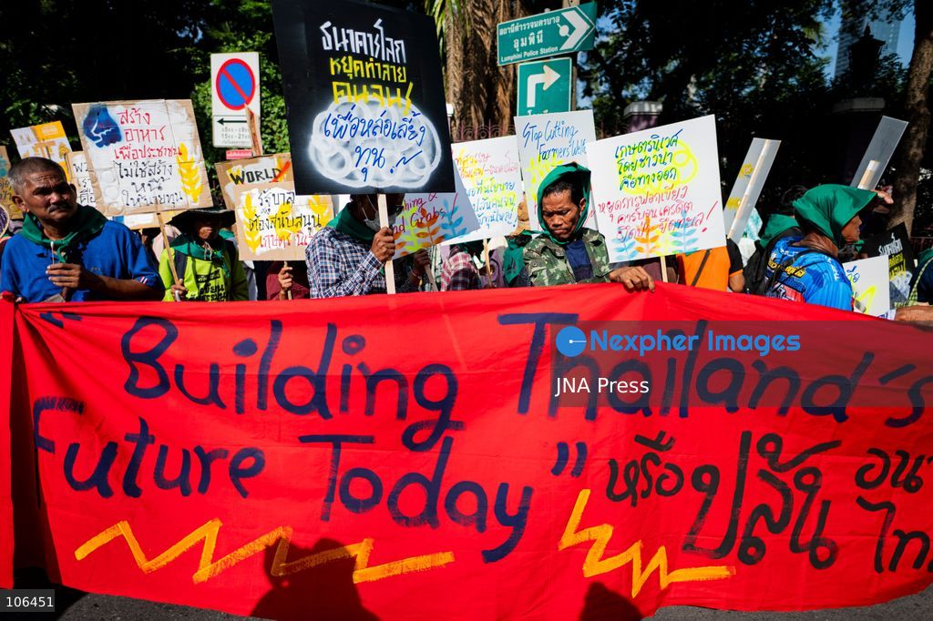 BANGKOK, THAILAND, OCTOBER 16, 2026: Members of Thailand’s Assembly of the Poor and allied community networks demonstrate during the annual meetings of the International Monetary Fund (IMF) and the World Bank Group. Protesters march towards the Queen Sirikit National Convention Center, calling for debt relief, greater public oversight of government borrowing and more public participation in economic policymaking. Photo by Captain Jirathummanuwat / JNA Press. (Photo by Captain Jirathummanuwat/JNA Press via Nexpher Images)