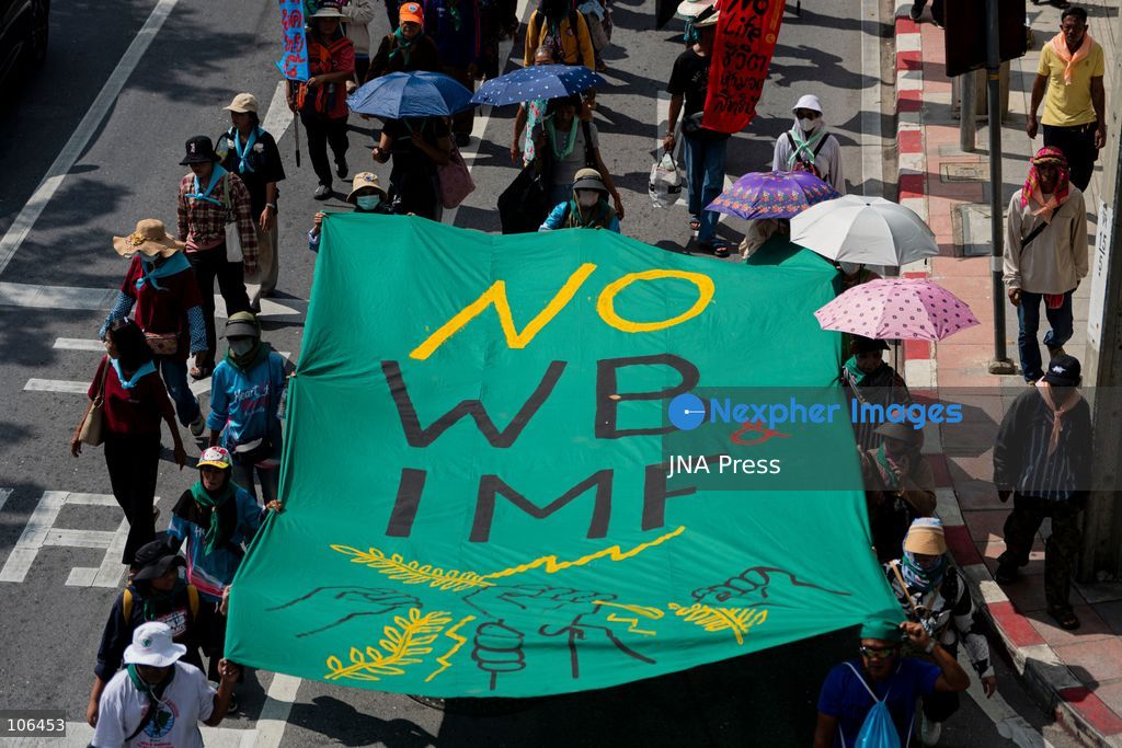 BANGKOK, THAILAND, OCTOBER 16, 2026: Members of Thailand’s Assembly of the Poor and allied community networks demonstrate during the annual meetings of the International Monetary Fund (IMF) and the World Bank Group. Protesters march towards the Queen Sirikit National Convention Center, calling for debt relief, greater public oversight of government borrowing and more public participation in economic policymaking. Photo by Captain Jirathummanuwat / JNA Press. (Photo by Captain Jirathummanuwat/JNA Press via Nexpher Images)