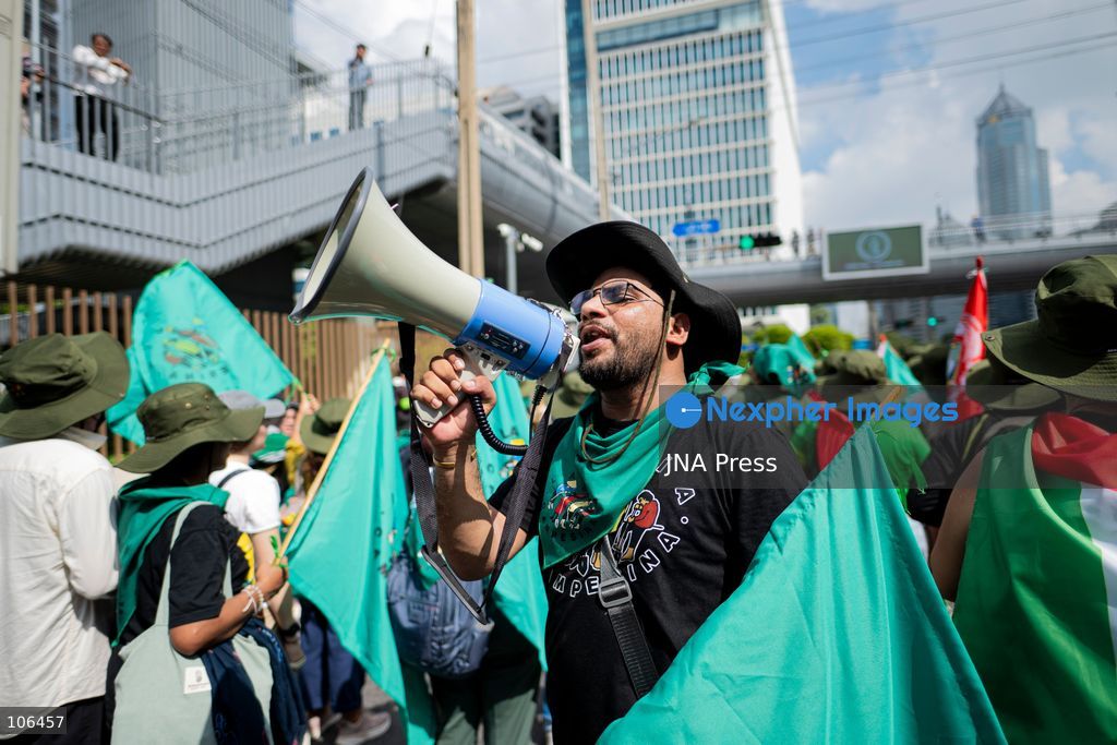 BANGKOK, THAILAND, OCTOBER 16, 2026: Members of Thailand’s Assembly of the Poor and allied community networks demonstrate during the annual meetings of the International Monetary Fund (IMF) and the World Bank Group. Protesters march towards the Queen Sirikit National Convention Center, calling for debt relief, greater public oversight of government borrowing and more public participation in economic policymaking. Photo by Captain Jirathummanuwat / JNA Press. (Photo by Captain Jirathummanuwat/JNA Press via Nexpher Images)