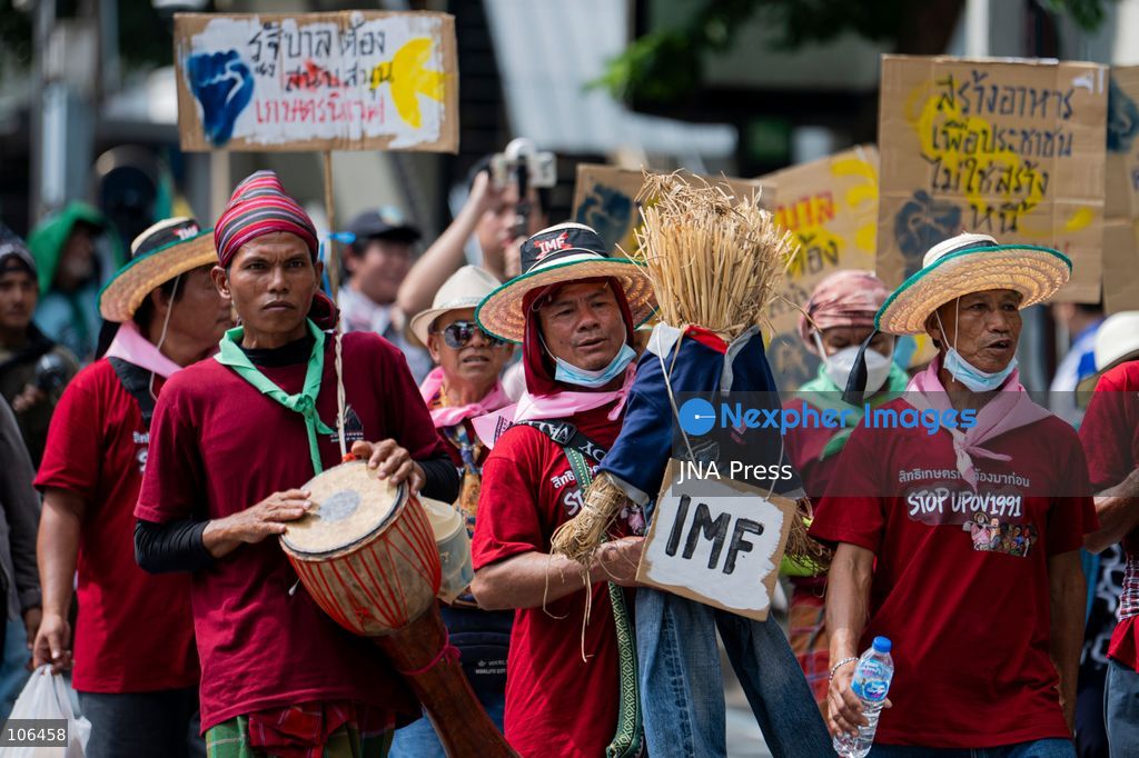 BANGKOK, THAILAND, OCTOBER 16, 2026: Members of Thailand’s Assembly of the Poor and allied community networks demonstrate during the annual meetings of the International Monetary Fund (IMF) and the World Bank Group. Protesters march towards the Queen Sirikit National Convention Center, calling for debt relief, greater public oversight of government borrowing and more public participation in economic policymaking. Photo by Captain Jirathummanuwat / JNA Press. (Photo by Captain Jirathummanuwat/JNA Press via Nexpher Images)