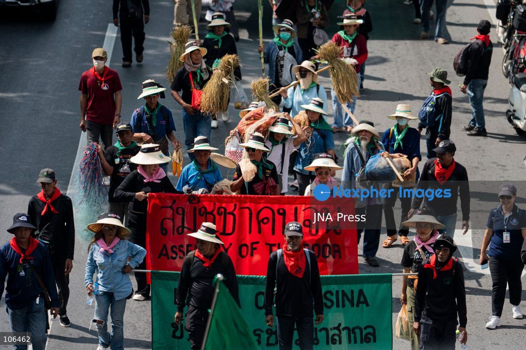 BANGKOK, THAILAND, OCTOBER 16, 2026: Members of Thailand’s Assembly of the Poor and allied community networks demonstrate during the annual meetings of the International Monetary Fund (IMF) and the World Bank Group. Protesters march towards the Queen Sirikit National Convention Center, calling for debt relief, greater public oversight of government borrowing and more public participation in economic policymaking. Photo by Captain Jirathummanuwat / JNA Press. (Photo by Captain Jirathummanuwat/JNA Press via Nexpher Images)