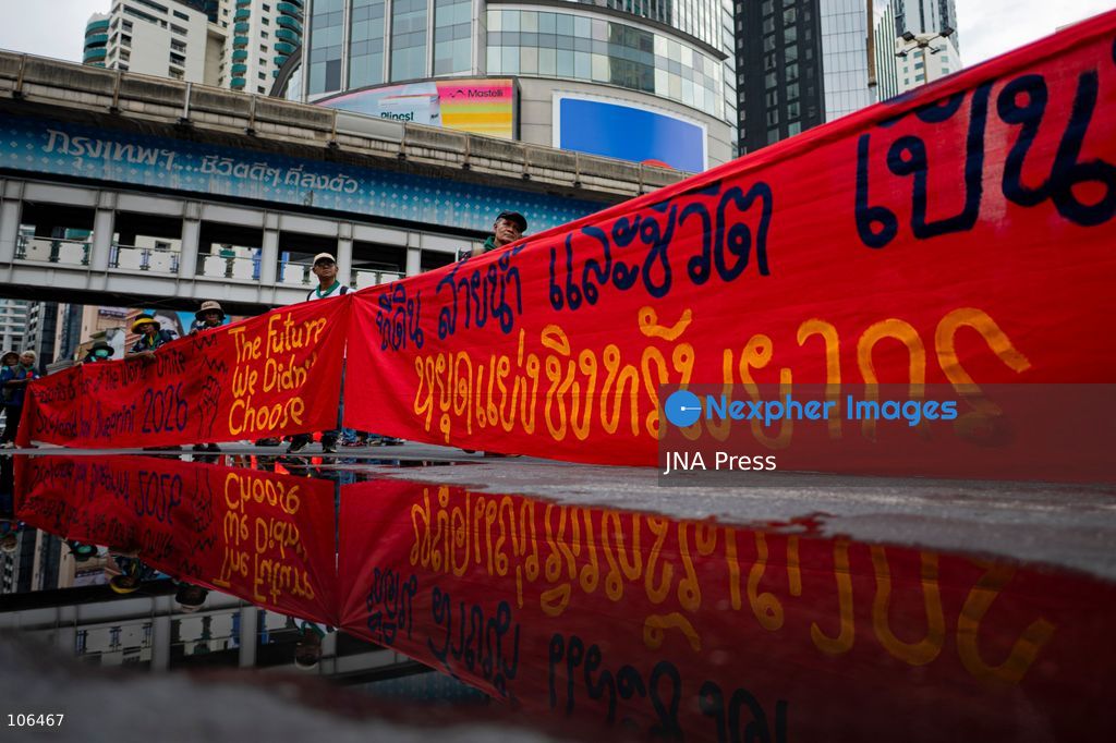 BANGKOK, THAILAND, OCTOBER 16, 2026: Members of Thailand’s Assembly of the Poor and allied community networks demonstrate during the annual meetings of the International Monetary Fund (IMF) and the World Bank Group. Protesters march towards the Queen Sirikit National Convention Center, calling for debt relief, greater public oversight of government borrowing and more public participation in economic policymaking. Photo by Captain Jirathummanuwat / JNA Press. (Photo by Captain Jirathummanuwat/JNA Press via Nexpher Images)
