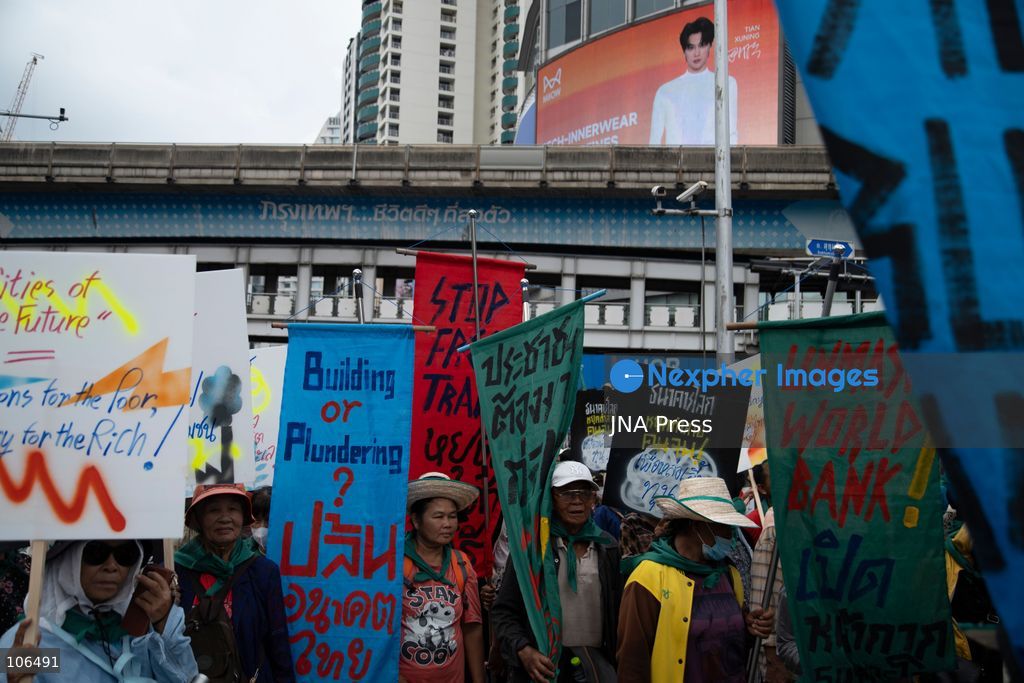 BANGKOK, THAILAND, OCTOBER 16, 2026: Members of the Assembly of the Poor and allied networks march towards the Queen Sirikit National Convention Center during the annual meetings of the International Monetary Fund (IMF) and the World Bank Group. Demonstrators call for debt relief, food sovereignty and greater public participation in economic policymaking. Photo by Panawat Seangsotg / JNA Press. (Photo by Panawat Seangsotg/JNA Press via Nexpher Images)