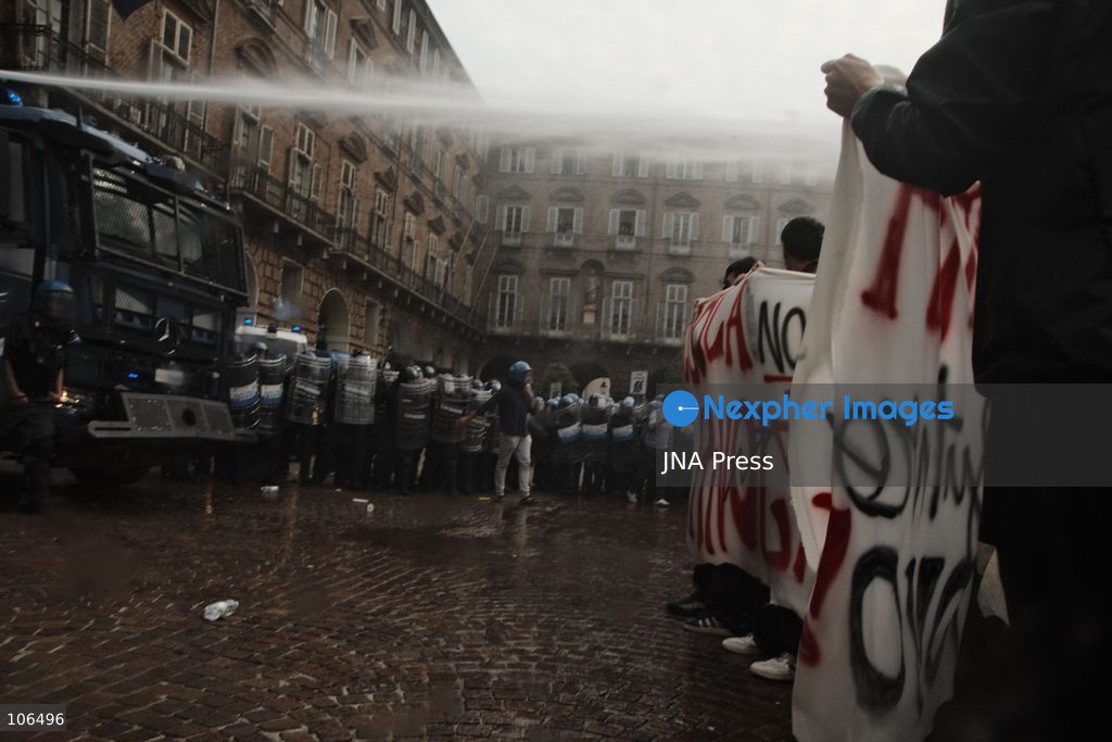 TURIN, ITALY, OCTOBER 16, 2026: Students demonstrate against deteriorating school buildings, insufficient education funding and job insecurity, calling for greater investment in education rather than military spending. Clashes break out in Piazza Castello, where police use water cannons and charge demonstrators. Earlier along the route, teachers link arms between students and police to prevent confrontation. Photo by Julian Nelaj / JNA Press. (Photo by Julian Nelaj/JNA Press via Nexpher Images)