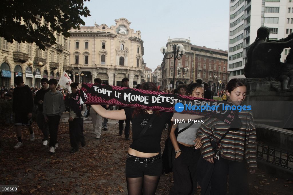 TURIN, ITALY, OCTOBER 16, 2026: Students demonstrate against deteriorating school buildings, insufficient education funding and job insecurity, calling for greater investment in education rather than military spending. Clashes break out in Piazza Castello, where police use water cannons and charge demonstrators. Earlier along the route, teachers link arms between students and police to prevent confrontation. Photo by Julian Nelaj / JNA Press. (Photo by Julian Nelaj/JNA Press via Nexpher Images)
