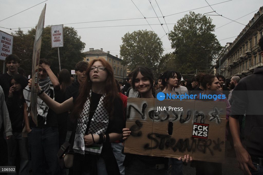 TURIN, ITALY, OCTOBER 16, 2026: Students demonstrate against deteriorating school buildings, insufficient education funding and job insecurity, calling for greater investment in education rather than military spending. Clashes break out in Piazza Castello, where police use water cannons and charge demonstrators. Earlier along the route, teachers link arms between students and police to prevent confrontation. Photo by Julian Nelaj / JNA Press. (Photo by Julian Nelaj/JNA Press via Nexpher Images)