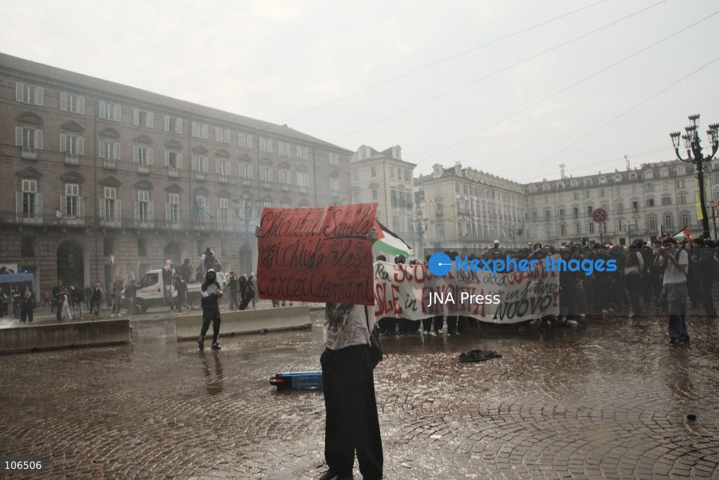 TURIN, ITALY, OCTOBER 16, 2026: Students demonstrate against deteriorating school buildings, insufficient education funding and job insecurity, calling for greater investment in education rather than military spending. Clashes break out in Piazza Castello, where police use water cannons and charge demonstrators. Earlier along the route, teachers link arms between students and police to prevent confrontation. Photo by Julian Nelaj / JNA Press. (Photo by Julian Nelaj/JNA Press via Nexpher Images)
