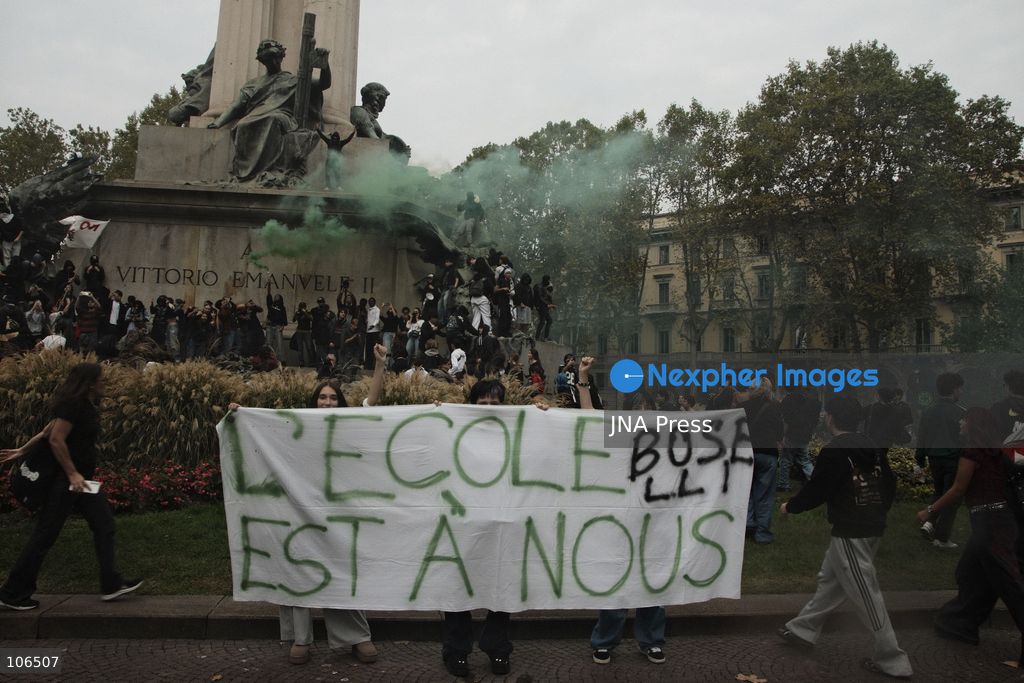 TURIN, ITALY, OCTOBER 16, 2026: Students demonstrate against deteriorating school buildings, insufficient education funding and job insecurity, calling for greater investment in education rather than military spending. Clashes break out in Piazza Castello, where police use water cannons and charge demonstrators. Earlier along the route, teachers link arms between students and police to prevent confrontation. Photo by Julian Nelaj / JNA Press. (Photo by Julian Nelaj/JNA Press via Nexpher Images)