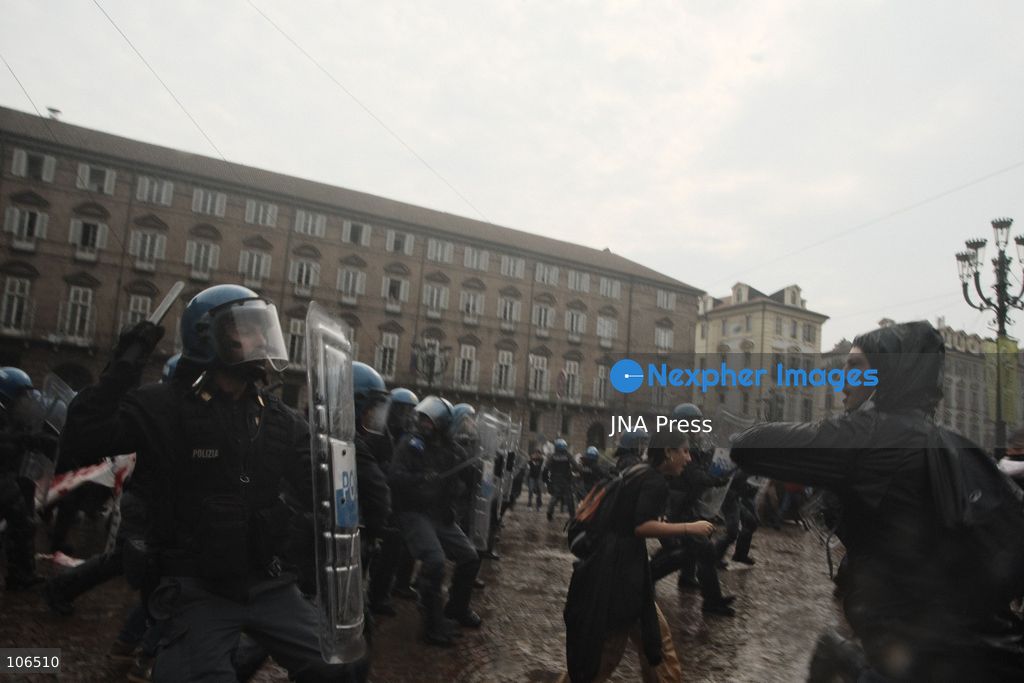 TURIN, ITALY, OCTOBER 16, 2026: Students demonstrate against deteriorating school buildings, insufficient education funding and job insecurity, calling for greater investment in education rather than military spending. Clashes break out in Piazza Castello, where police use water cannons and charge demonstrators. Earlier along the route, teachers link arms between students and police to prevent confrontation. Photo by Julian Nelaj / JNA Press. (Photo by Julian Nelaj/JNA Press via Nexpher Images)