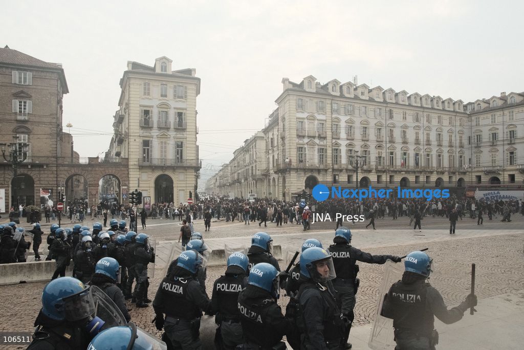 TURIN, ITALY, OCTOBER 16, 2026: Students demonstrate against deteriorating school buildings, insufficient education funding and job insecurity, calling for greater investment in education rather than military spending. Clashes break out in Piazza Castello, where police use water cannons and charge demonstrators. Earlier along the route, teachers link arms between students and police to prevent confrontation. Photo by Julian Nelaj / JNA Press. (Photo by Julian Nelaj/JNA Press via Nexpher Images)