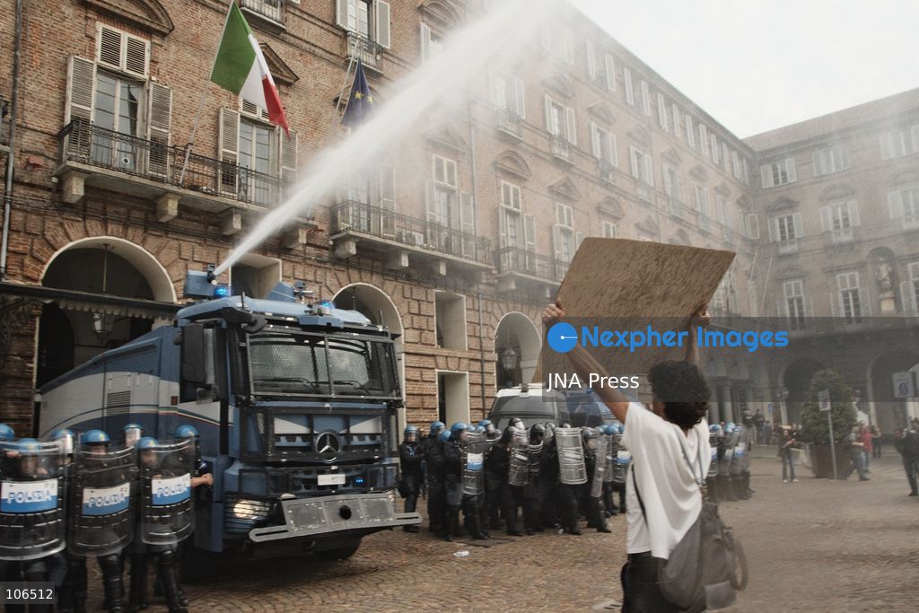 TURIN, ITALY, OCTOBER 16, 2026: Students demonstrate against deteriorating school buildings, insufficient education funding and job insecurity, calling for greater investment in education rather than military spending. Clashes break out in Piazza Castello, where police use water cannons and charge demonstrators. Earlier along the route, teachers link arms between students and police to prevent confrontation. Photo by Julian Nelaj / JNA Press. (Photo by Julian Nelaj/JNA Press via Nexpher Images)