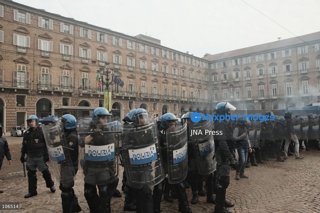TURIN, ITALY, OCTOBER 16, 2026: Students demonstrate against deteriorating school buildings, insufficient education funding and job insecurity, calling for greater investment in education rather than military spending. Clashes break out in Piazza Castello, where police use water cannons and charge demonstrators. Earlier along the route, teachers link arms between students and police to prevent confrontation. Photo by Julian Nelaj / JNA Press. (Photo by Julian Nelaj/JNA Press via Nexpher Images)