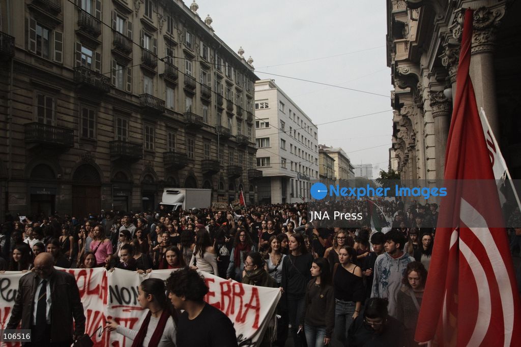 TURIN, ITALY, OCTOBER 16, 2026: Students demonstrate against deteriorating school buildings, insufficient education funding and job insecurity, calling for greater investment in education rather than military spending. Clashes break out in Piazza Castello, where police use water cannons and charge demonstrators. Earlier along the route, teachers link arms between students and police to prevent confrontation. Photo by Julian Nelaj / JNA Press. (Photo by Julian Nelaj/JNA Press via Nexpher Images)