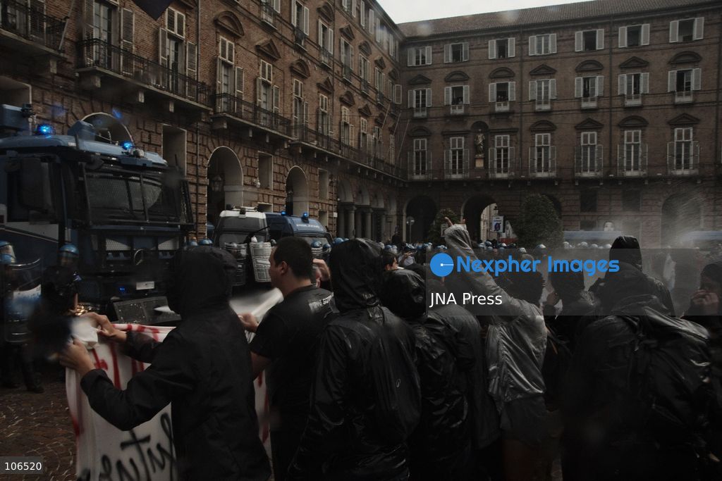 TURIN, ITALY, OCTOBER 16, 2026: Students demonstrate against deteriorating school buildings, insufficient education funding and job insecurity, calling for greater investment in education rather than military spending. Clashes break out in Piazza Castello, where police use water cannons and charge demonstrators. Earlier along the route, teachers link arms between students and police to prevent confrontation. Photo by Julian Nelaj / JNA Press. (Photo by Julian Nelaj/JNA Press via Nexpher Images)