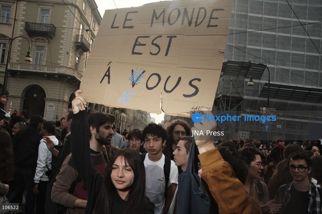 TURIN, ITALY, OCTOBER 16, 2026: Students demonstrate against deteriorating school buildings, insufficient education funding and job insecurity, calling for greater investment in education rather than military spending. Clashes break out in Piazza Castello, where police use water cannons and charge demonstrators. Earlier along the route, teachers link arms between students and police to prevent confrontation. Photo by Julian Nelaj / JNA Press. (Photo by Julian Nelaj/JNA Press via Nexpher Images)