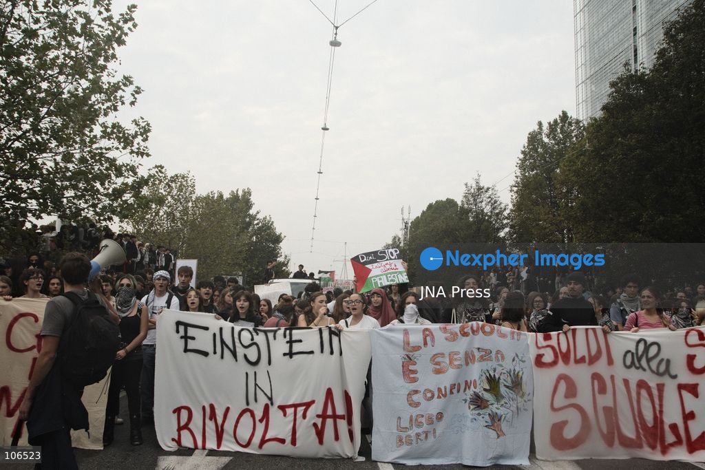 TURIN, ITALY, OCTOBER 16, 2026: Students demonstrate against deteriorating school buildings, insufficient education funding and job insecurity, calling for greater investment in education rather than military spending. Clashes break out in Piazza Castello, where police use water cannons and charge demonstrators. Earlier along the route, teachers link arms between students and police to prevent confrontation. Photo by Julian Nelaj / JNA Press. (Photo by Julian Nelaj/JNA Press via Nexpher Images)