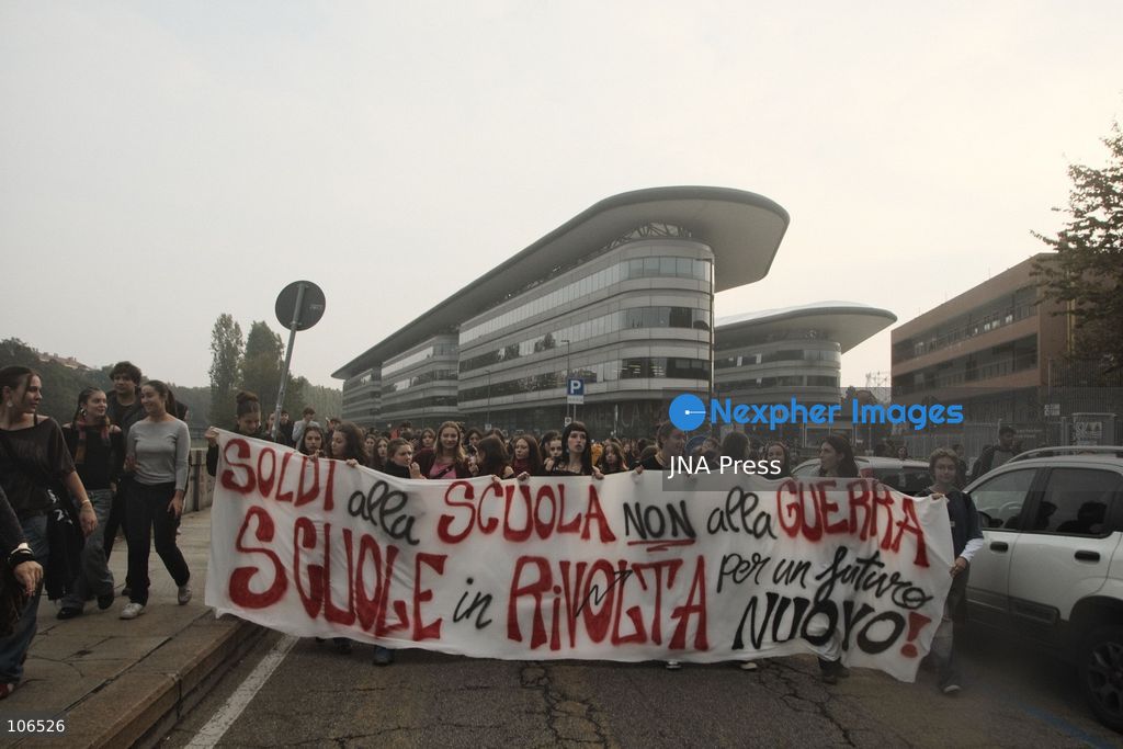 TURIN, ITALY, OCTOBER 16, 2026: Students demonstrate against deteriorating school buildings, insufficient education funding and job insecurity, calling for greater investment in education rather than military spending. Clashes break out in Piazza Castello, where police use water cannons and charge demonstrators. Earlier along the route, teachers link arms between students and police to prevent confrontation. Photo by Julian Nelaj / JNA Press. (Photo by Julian Nelaj/JNA Press via Nexpher Images)