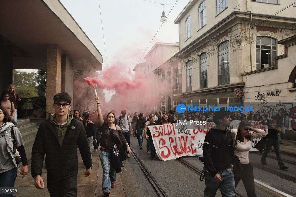 TURIN, ITALY, OCTOBER 16, 2026: Students demonstrate against deteriorating school buildings, insufficient education funding and job insecurity, calling for greater investment in education rather than military spending. Clashes break out in Piazza Castello, where police use water cannons and charge demonstrators. Earlier along the route, teachers link arms between students and police to prevent confrontation. Photo by Julian Nelaj / JNA Press. (Photo by Julian Nelaj/JNA Press via Nexpher Images)