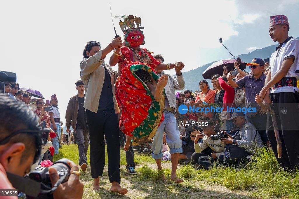 LALITPUR, NEPAL, OCTOBER 16, 2026: Members of the Rudrayani Guthi perform traditional masked dances during Sikali Jatra at the Sikali Temple in Khokana, Lalitpur. Fourteen dancers portray Hindu deities through ritual performances rooted in Tantric traditions. Dedicated to Goddess Rudrayani, the festival is observed by Khokana’s Newar community in place of mainstream Dashain celebrations. Photo by Ghanashyam Shrestha / JNA Press. (Photo by Ghanashyam Shrestha/JNA Press via Nexpher Images)