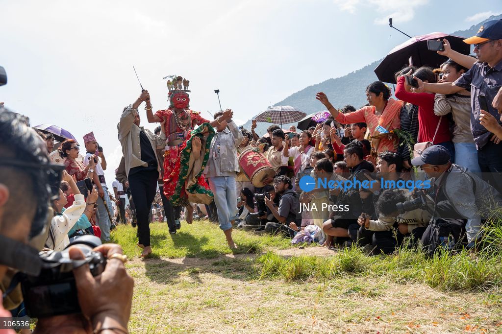 LALITPUR, NEPAL, OCTOBER 16, 2026: Members of the Rudrayani Guthi perform traditional masked dances during Sikali Jatra at the Sikali Temple in Khokana, Lalitpur. Fourteen dancers portray Hindu deities through ritual performances rooted in Tantric traditions. Dedicated to Goddess Rudrayani, the festival is observed by Khokana’s Newar community in place of mainstream Dashain celebrations. Photo by Ghanashyam Shrestha / JNA Press. (Photo by Ghanashyam Shrestha/JNA Press via Nexpher Images)