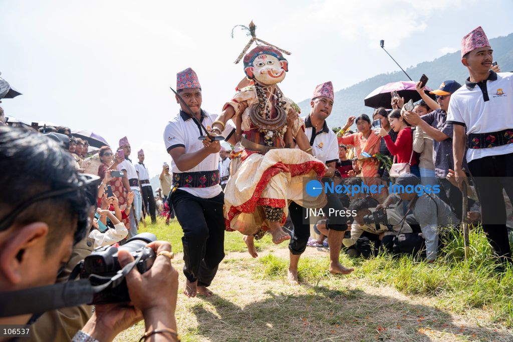 LALITPUR, NEPAL, OCTOBER 16, 2026: Members of the Rudrayani Guthi perform traditional masked dances during Sikali Jatra at the Sikali Temple in Khokana, Lalitpur. Fourteen dancers portray Hindu deities through ritual performances rooted in Tantric traditions. Dedicated to Goddess Rudrayani, the festival is observed by Khokana’s Newar community in place of mainstream Dashain celebrations. Photo by Ghanashyam Shrestha / JNA Press. (Photo by Ghanashyam Shrestha/JNA Press via Nexpher Images)