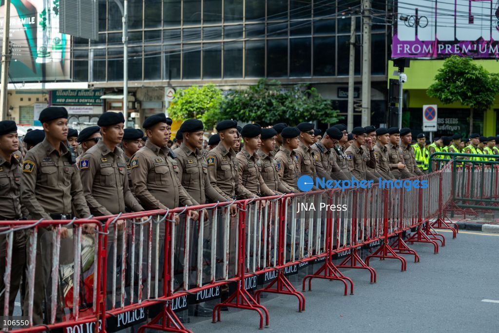 BANGKOK, THAILAND, OCTOBER 16, 2026: Police stand behind barriers near the Queen Sirikit National Convention Center during the annual meetings of the International Monetary Fund (IMF) and the World Bank Group. Authorities deploy crowd-control officers and restrict road access as members of the Assembly of the Poor and allied networks march towards the venue to demand economic justice. Photo by Thanatchanont Jiraworathanakul / JNA Press. (Photo by Thanatchanont Jiraworathanakul/JNA Press via Nexpher Images)