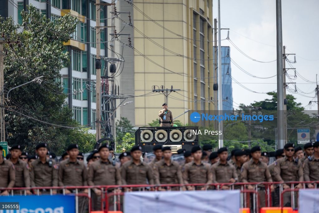 BANGKOK, THAILAND, OCTOBER 16, 2026: Police stand behind barriers near the Queen Sirikit National Convention Center during the annual meetings of the International Monetary Fund (IMF) and the World Bank Group. Authorities deploy crowd-control officers and restrict road access as members of the Assembly of the Poor and allied networks march towards the venue to demand economic justice. Photo by Thanatchanont Jiraworathanakul / JNA Press. (Photo by Thanatchanont Jiraworathanakul/JNA Press via Nexpher Images)