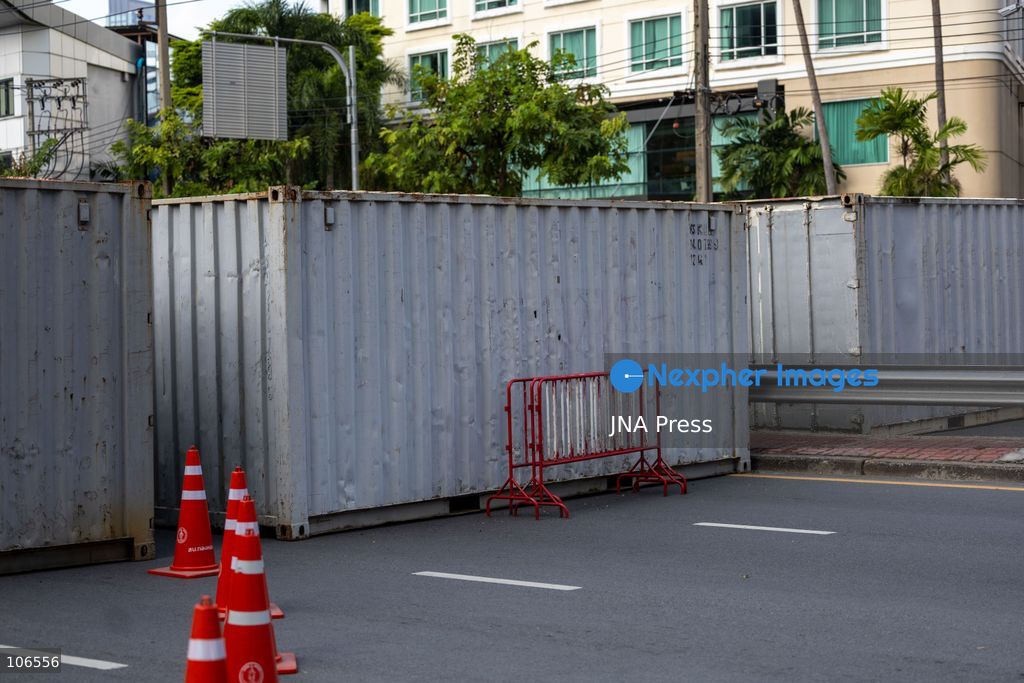 BANGKOK, THAILAND, OCTOBER 16, 2026: Police stand behind barriers near the Queen Sirikit National Convention Center during the annual meetings of the International Monetary Fund (IMF) and the World Bank Group. Authorities deploy crowd-control officers and restrict road access as members of the Assembly of the Poor and allied networks march towards the venue to demand economic justice. Photo by Thanatchanont Jiraworathanakul / JNA Press. (Photo by Thanatchanont Jiraworathanakul/JNA Press via Nexpher Images)
