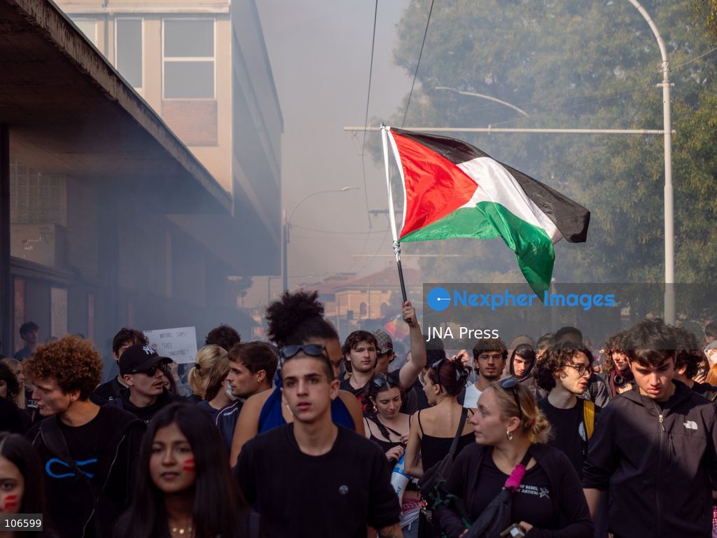 BOLOGNA, ITALY, OCTOBER 16, 2026: Students march through central Bologna demanding improved school conditions and greater investment in education rather than military spending, during a day of student demonstrations across Italy. Photo by Alessandro Del Bono / JNA Press. (Photo by alessandro del bono/JNA Press via Nexpher Images)