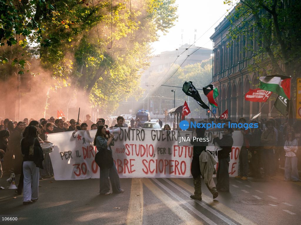 BOLOGNA, ITALY, OCTOBER 16, 2026: Students march through central Bologna demanding improved school conditions and greater investment in education rather than military spending, during a day of student demonstrations across Italy. Photo by Alessandro Del Bono / JNA Press. (Photo by alessandro del bono/JNA Press via Nexpher Images)