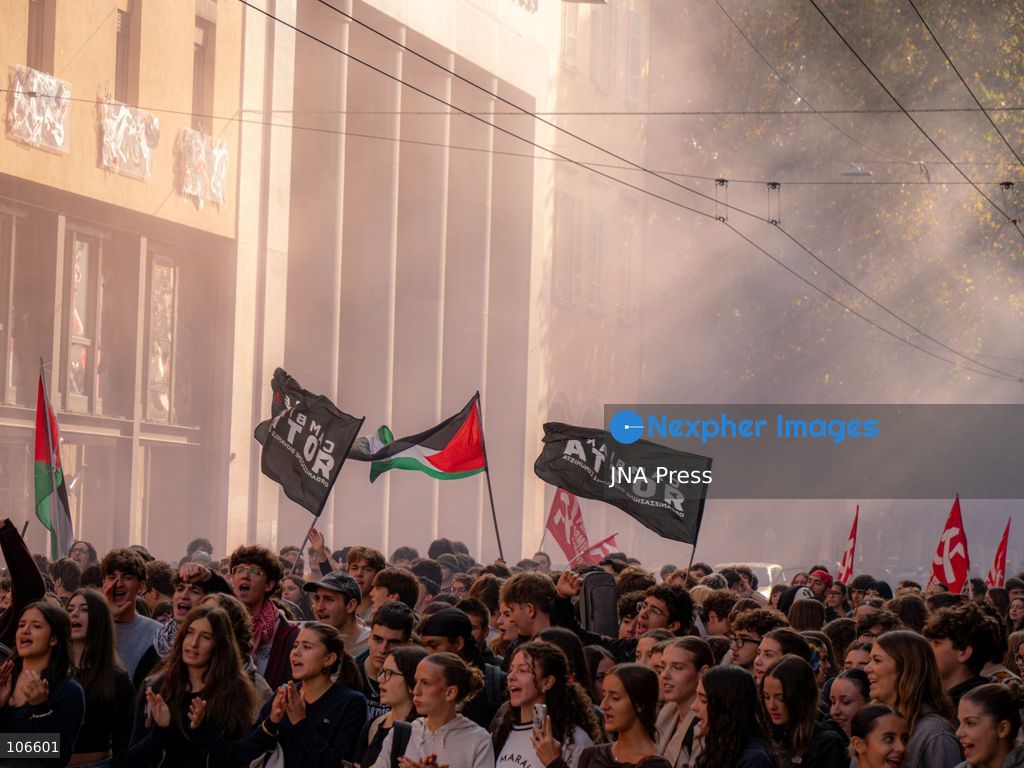 BOLOGNA, ITALY, OCTOBER 16, 2026: Students march through central Bologna demanding improved school conditions and greater investment in education rather than military spending, during a day of student demonstrations across Italy. Photo by Alessandro Del Bono / JNA Press. (Photo by alessandro del bono/JNA Press via Nexpher Images)