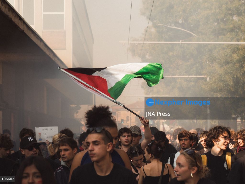 BOLOGNA, ITALY, OCTOBER 16, 2026: Students march through central Bologna demanding improved school conditions and greater investment in education rather than military spending, during a day of student demonstrations across Italy. Photo by Alessandro Del Bono / JNA Press. (Photo by alessandro del bono/JNA Press via Nexpher Images)