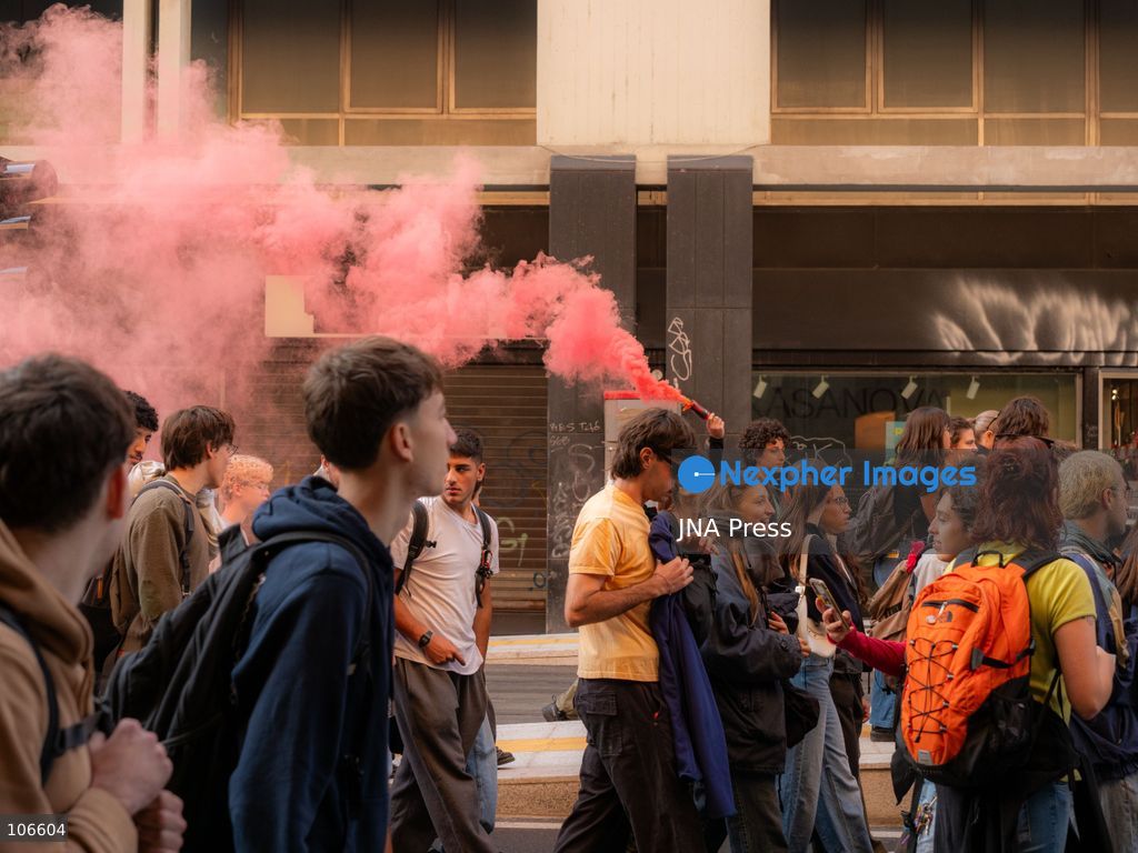BOLOGNA, ITALY, OCTOBER 16, 2026: Students march through central Bologna demanding improved school conditions and greater investment in education rather than military spending, during a day of student demonstrations across Italy. Photo by Alessandro Del Bono / JNA Press. (Photo by alessandro del bono/JNA Press via Nexpher Images)